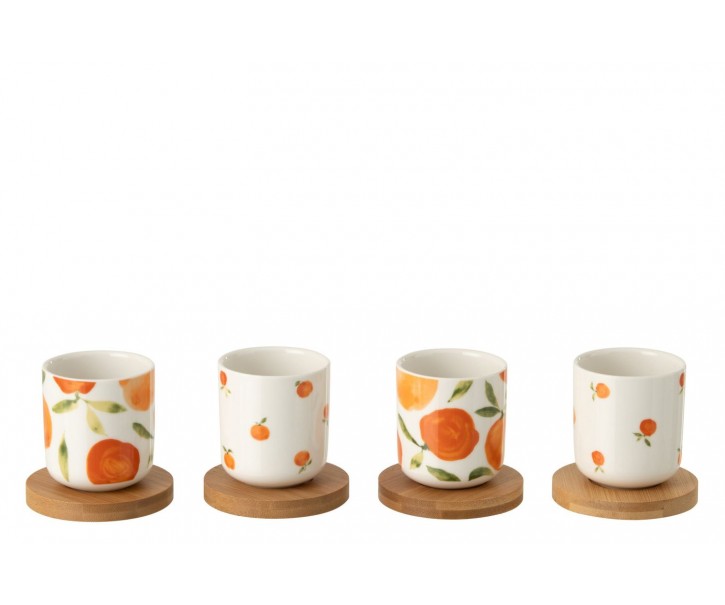 Sada 4 keramických kalíšků s dřevěnými podtácky Casa Naranja - Ø 6*6,5 cm / 100 ml J-Line by Jolipa