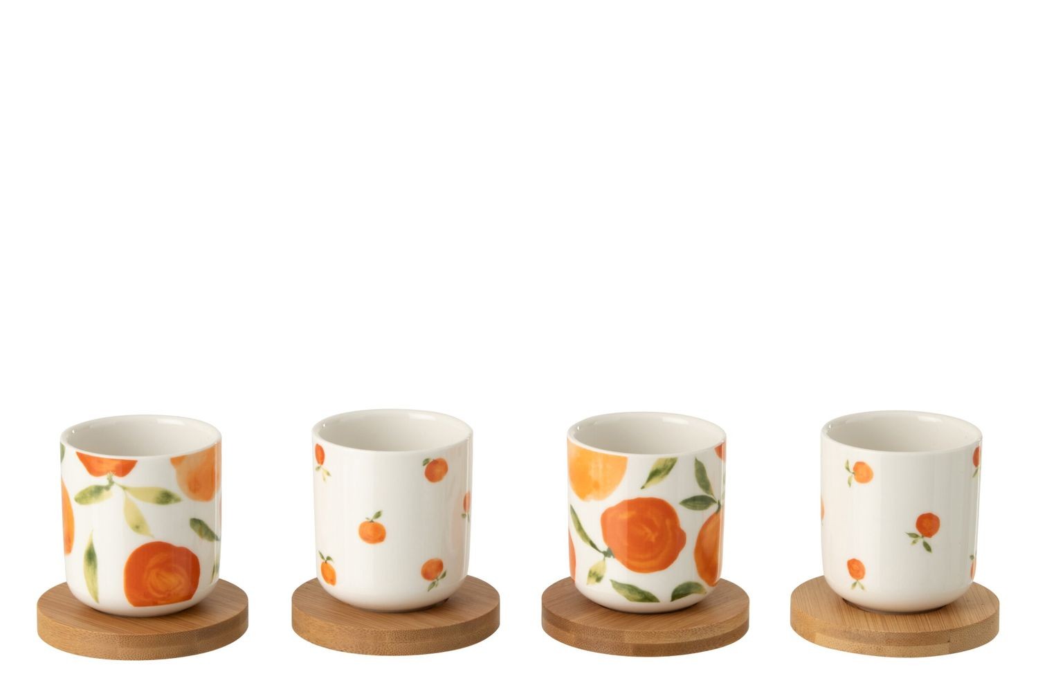 Sada 4 keramických kalíšků s dřevěnými podtácky Casa Naranja - Ø 6*6,5 cm / 100 ml
