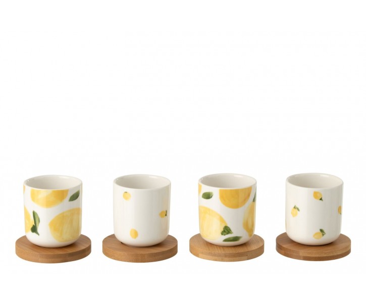 Sada 4 keramických kalíšků s dřevěnými podtácky Casa Limone - Ø 6*6,5 cm / 100 ml J-Line by Jolipa