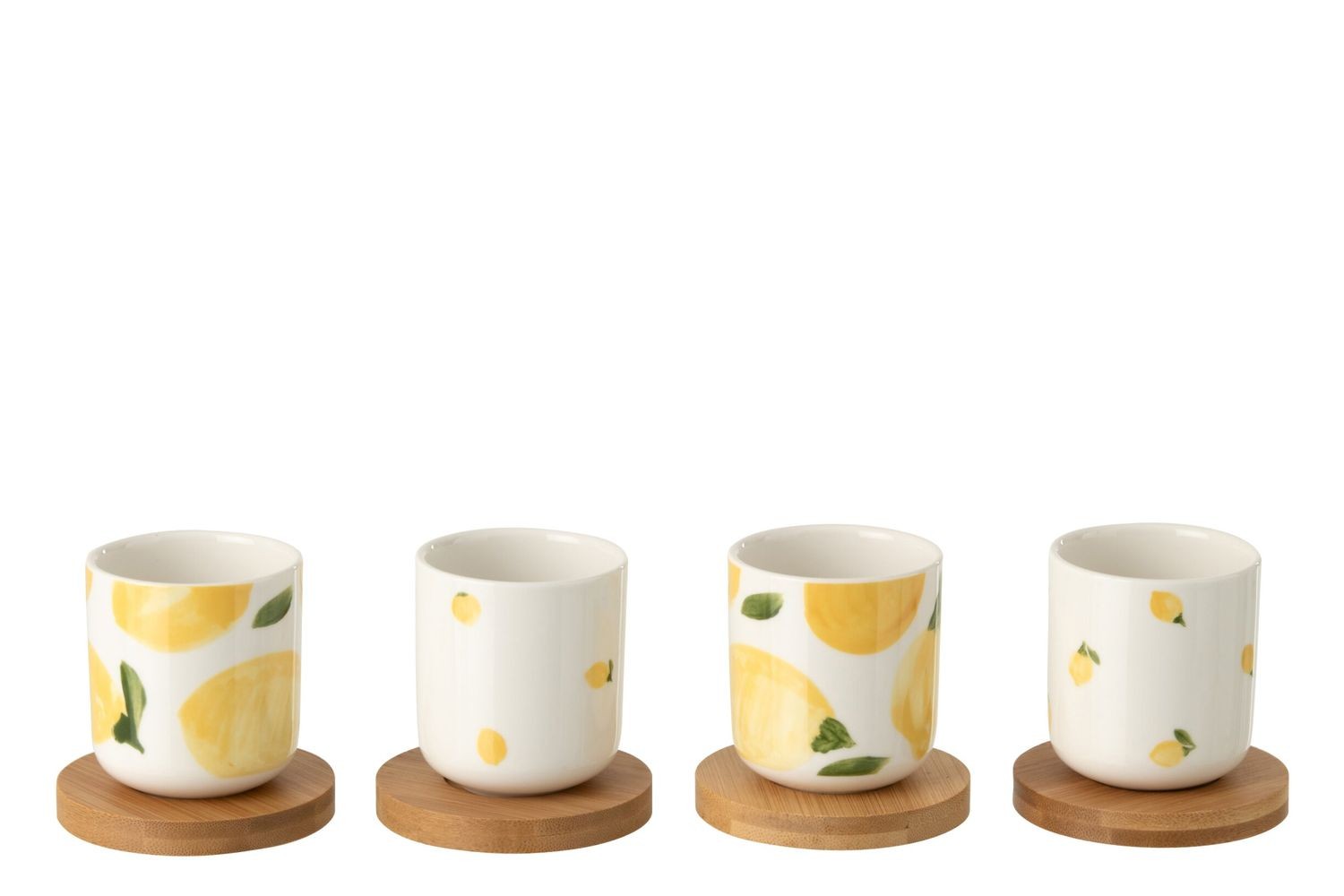 Sada 4 keramických kalíšků s dřevěnými podtácky Casa Limone - Ø 6*6,5 cm / 100 ml