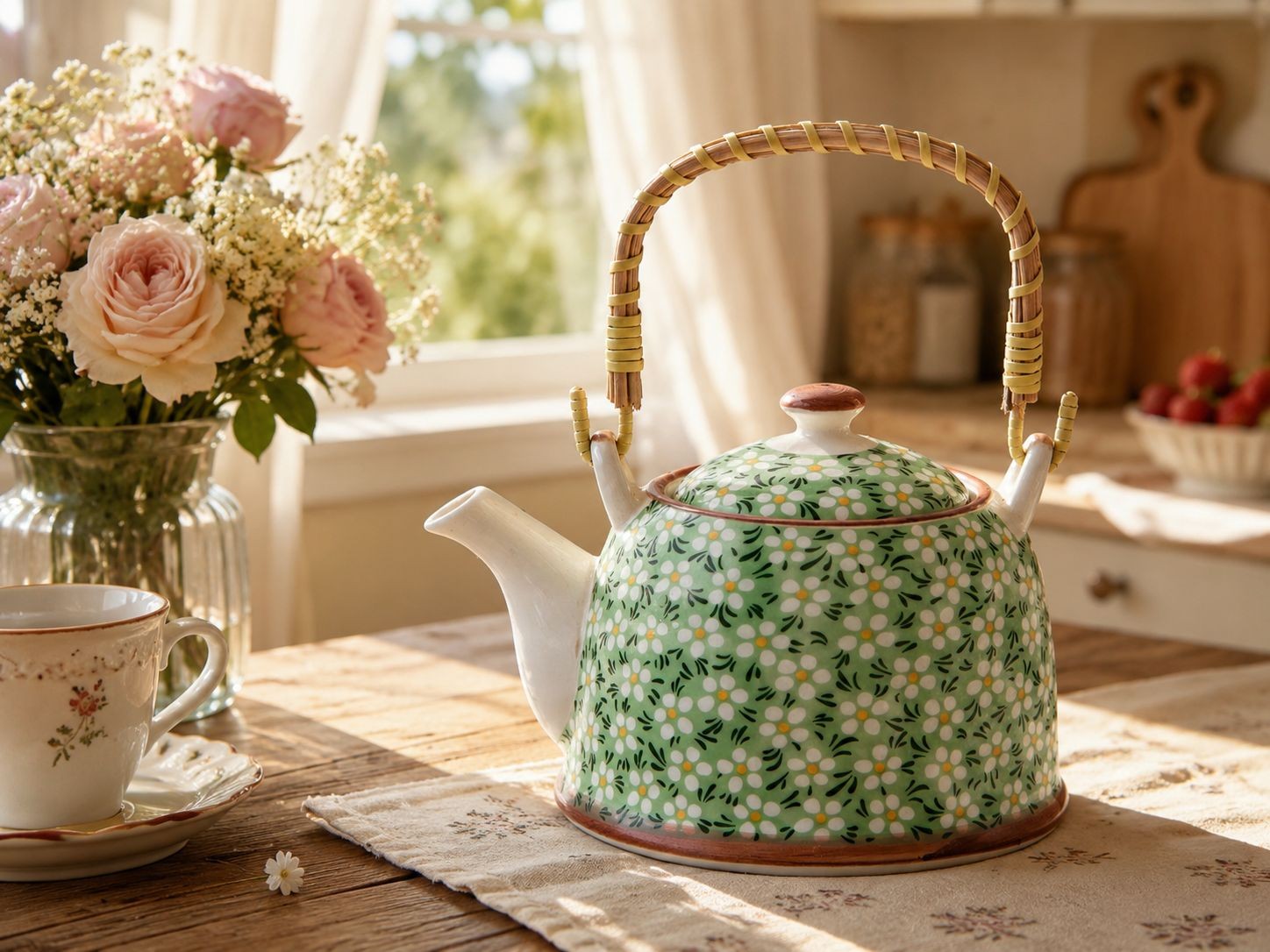 Zelená porcelánová konvička s kvítky a se sítkem - Ø 18*14*12 cm / 0,7L Clayre & Eef Zelená porcelánová konvička s kvítky a se sítkem - Ø 18*14*12 cm / 0,7L Clayre & Eef