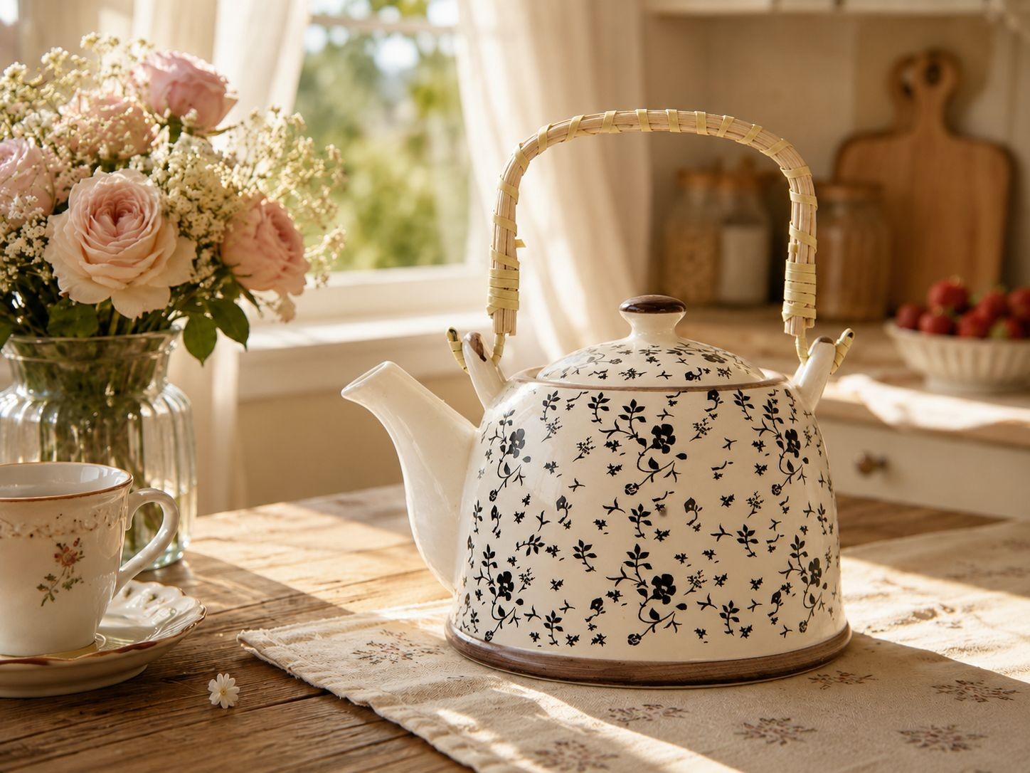 Konvička na čaj s černými kvítky - 18*14*12 cm / 0,8L Clayre & Eef Konvička na čaj s černými kvítky - 18*14*12 cm / 0,8L Clayre & Eef