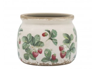 Krémový antik keramický obal na květináč s jahůdkami Fraises - Ø 12*9 cm