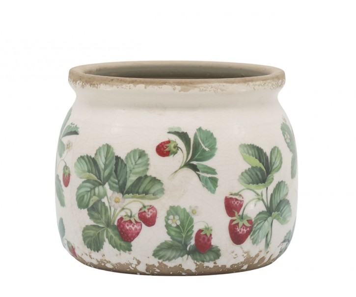 Krémový antik keramický obal na květináč s jahůdkami Fraises - Ø 12*9 cm Chic Antique