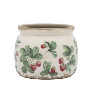 Krémový antik keramický obal na květináč s jahůdkami Fraises - Ø 12*9 cm
