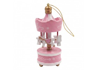 Set 6ks růžová vánoční dřevěná ozdoba kolotoč s koníky - 6*1*18 cm