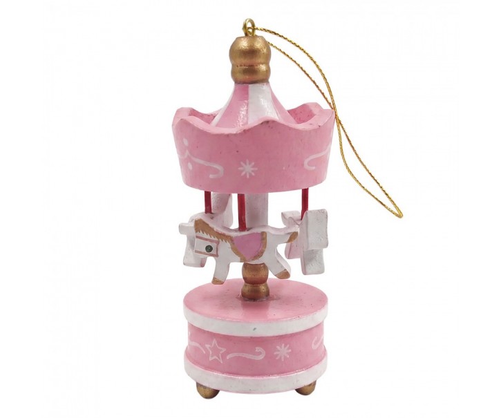 Růžová vánoční dřevěná ozdoba kolotoč s koníky - 6*1*18 cm Clayre & Eef