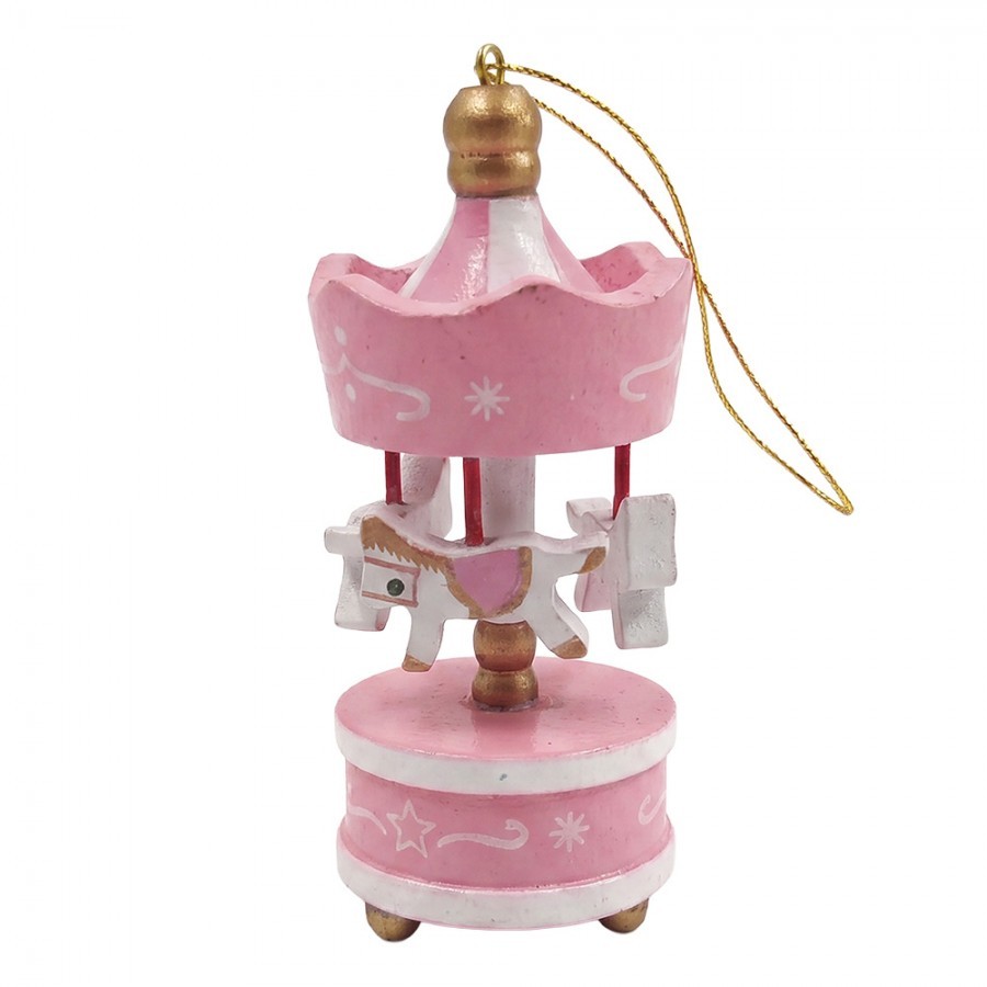 Růžová vánoční dřevěná ozdoba kolotoč s koníky - 6*1*18 cm