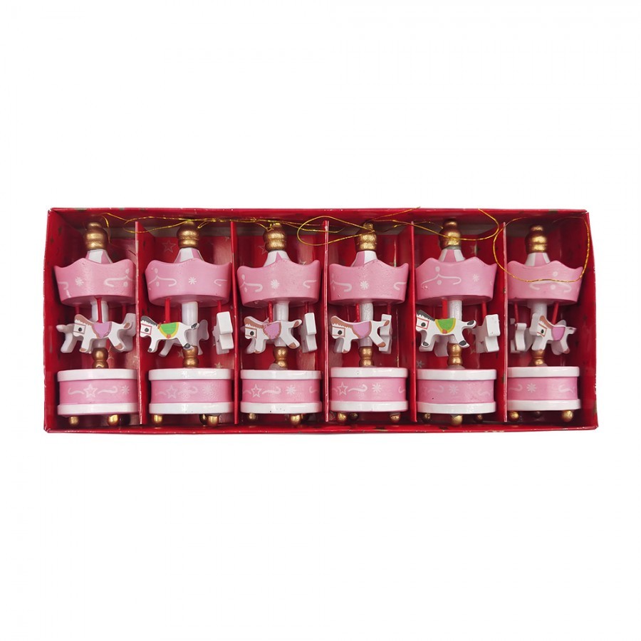 Set 6ks růžová vánoční dřevěná ozdoba kolotoč s koníky - 6*1*18 cm Clayre & Eef Set 6ks růžová vánoční dřevěná ozdoba kolotoč s koníky - 6*1*18 cm Clayre & Eef