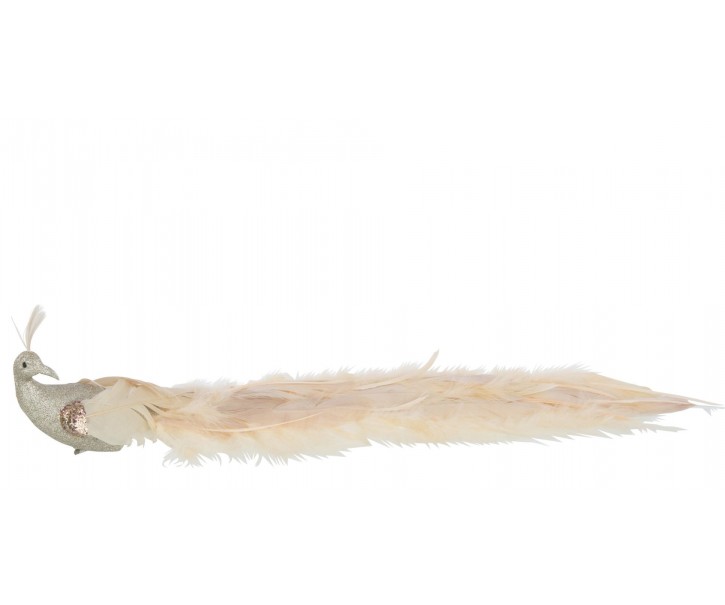 Béžová třpytivá ozdoba ptáček s peříčky na klipu - 60*10*10 cm J-Line by Jolipa