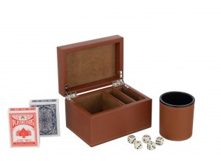 Hnědý box z umělé kůže s kartami a kostkami Cognacco - 17*12*10 cm