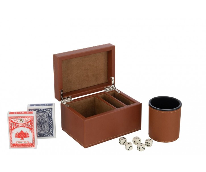 Hnědý box z umělé kůže s kartami a kostkami Cognacco - 17*12*10 cm J-Line by Jolipa