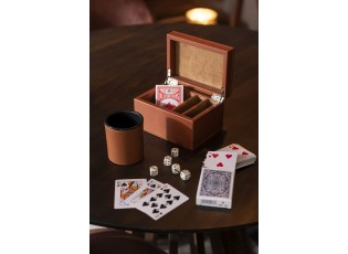 Hnědý box z umělé kůže s kartami a kostkami Cognacco - 17*12*10 cm