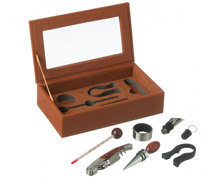 Hnědý box z umělé kůže s doplňky na víno Cognacco - 23*13*6 cm J-Line by Jolipa