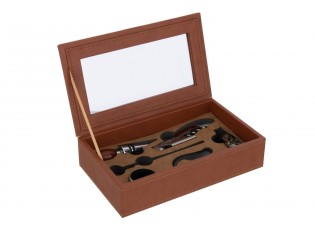 Hnědý box z umělé kůže s doplňky na víno Cognacco - 23*13*6 cm