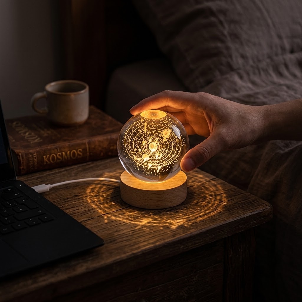 LED stolní lampička na dřevěném podstavci - Sluneční soustava - Ø 6 cm / USB Clayre & Eef LED stolní lampička na dřevěném podstavci - Sluneční soustava - Ø 6 cm / USB Clayre & Eef