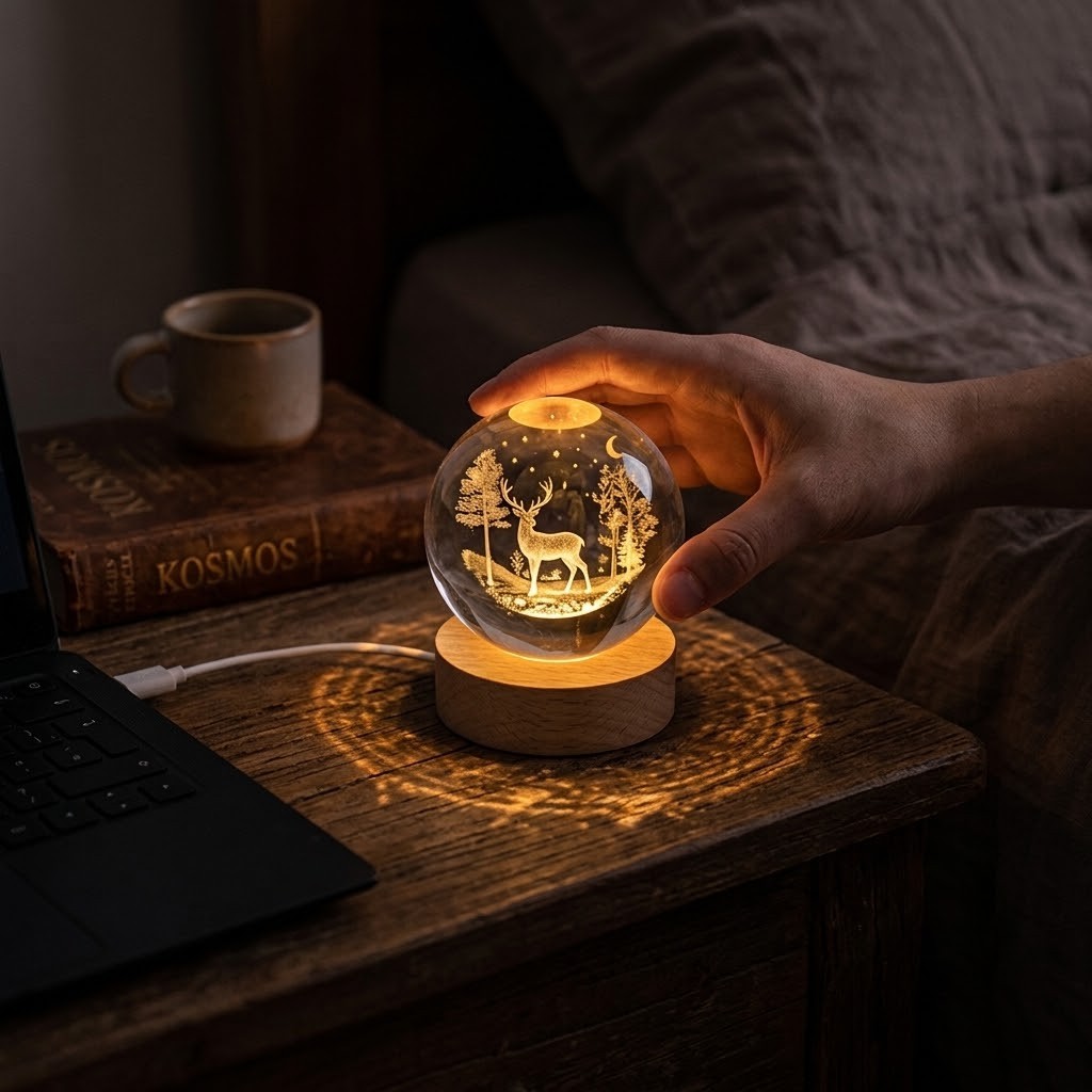 LED stolní lampička Jelen na dřevěném podstavci - Ø 6 cm / USB Clayre & Eef LED stolní lampička Jelen na dřevěném podstavci - Ø 6 cm / USB Clayre & Eef