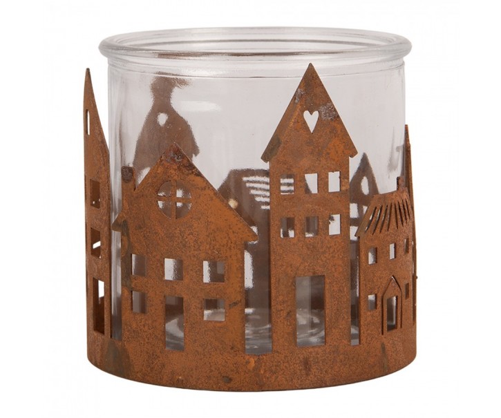 Rezavý rustikální svícen s vesničkou Village Rust M - Ø 11*10 cm Clayre & Eef