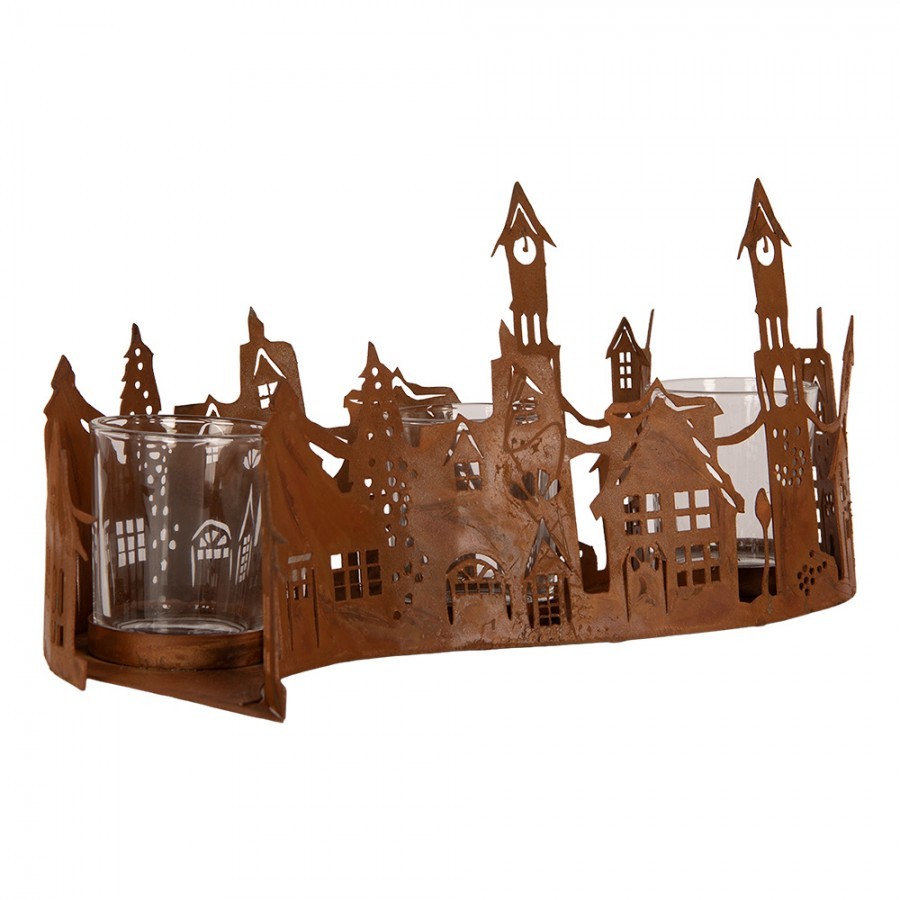 Rustikální rezavý svícen v designu městečka Candle Rust - 27*12*12 cm Clayre & Eef Rustikální rezavý svícen v designu městečka Candle Rust - 27*12*12 cm Clayre & Eef