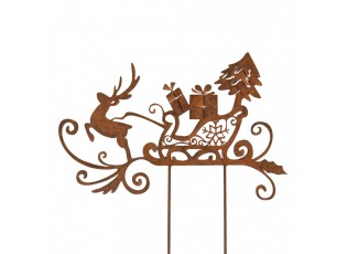 Kovový rustikální zápich se sobem a vánočními sáněmi Sled Rust - 19*1*45 cm