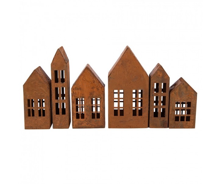 Set 6ks rezavá dekorace ve tvaru domku Rustic Charm - 27*3*14 cm Clayre & Eef