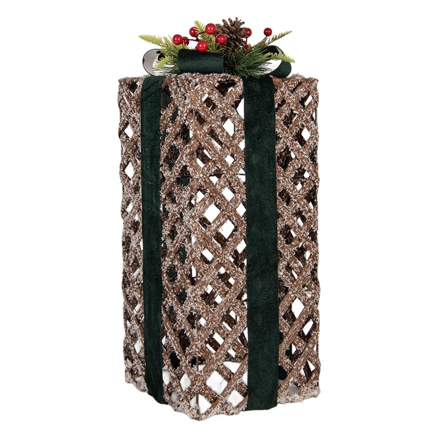 Vánoční zasněžený proutěný dárek s LED osvětlením L - 20*20*53 cm