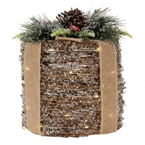 Vianočný zasnežený prútený darček s LED osvetlením S - Ø 15*18 cm / 2*AA