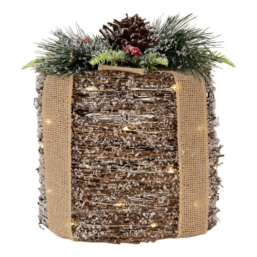 Vianočný zasnežený prútený darček s LED osvetlením S - Ø 15*18 cm / 2*AA