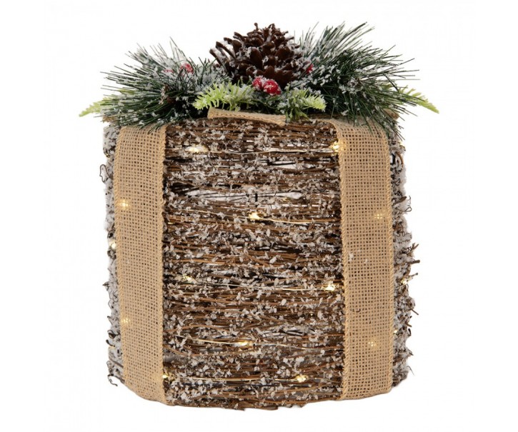 Vánoční zasněžený proutěný dárek s LED osvětlením L - Ø 25*30 cm / 3*AA Clayre & Eef