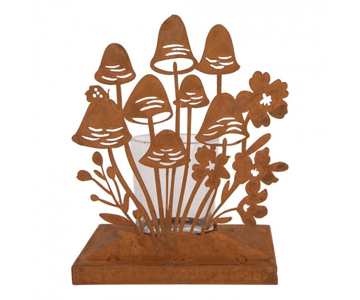 Rustikální rezavý svícen s houbičkami Mushroom Rust - 12*12*15 cm Clayre & Eef