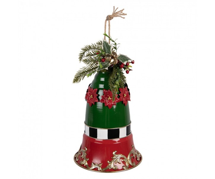 Kouzelný červeno-zelený kovový vánoční zvonek s cesmínou - Ø 24*36 cm Clayre & Eef