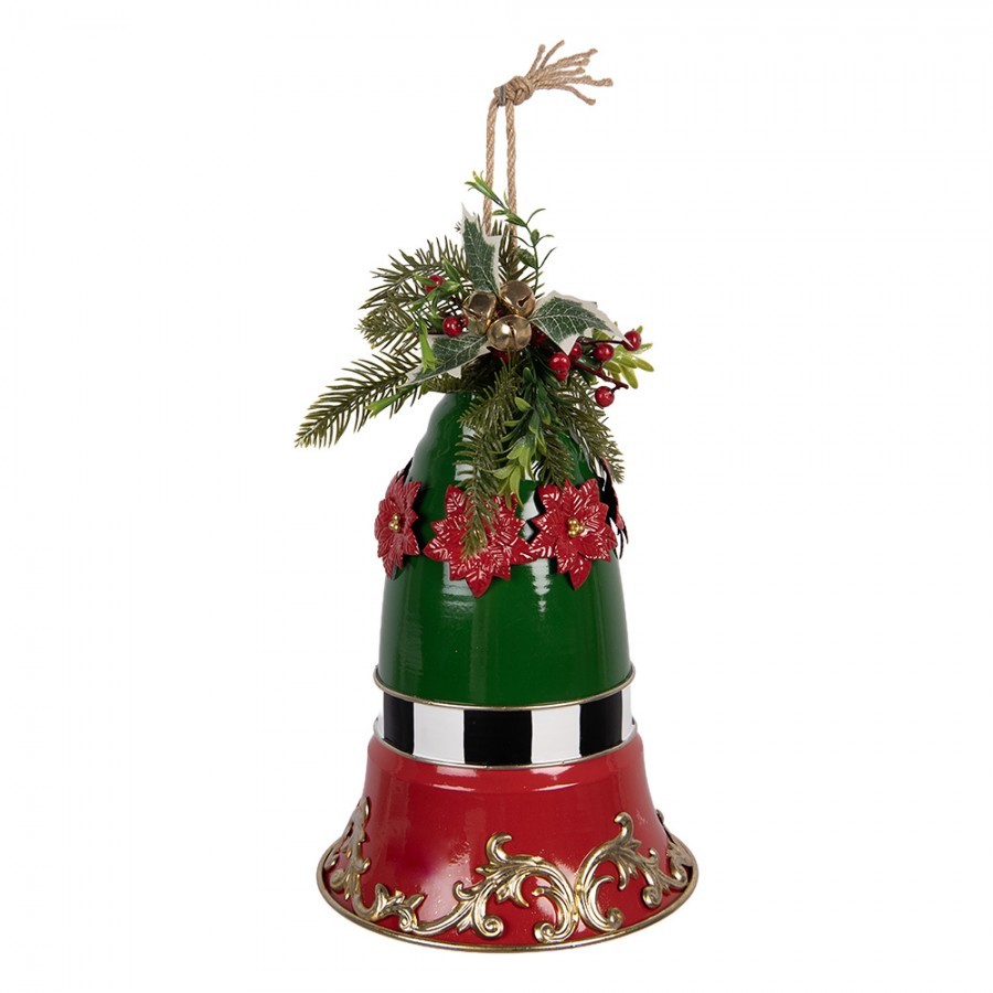 Kouzelný červeno-zelený kovový vánoční zvonek s cesmínou - Ø 24*36 cm Clayre & Eef Kouzelný červeno-zelený kovový vánoční zvonek s cesmínou - Ø 24*36 cm Clayre & Eef