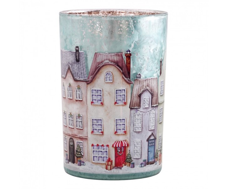 Modrý skleněný svícen vesnička domky Village L - Ø 12*18 cm Clayre & Eef