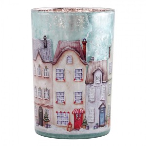 Modrý skleněný svícen vesnička domky Village L - Ø 12*18 cm