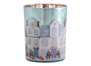 Modrý skleněný svícen vesnička domky Village M - Ø 10*13 cm