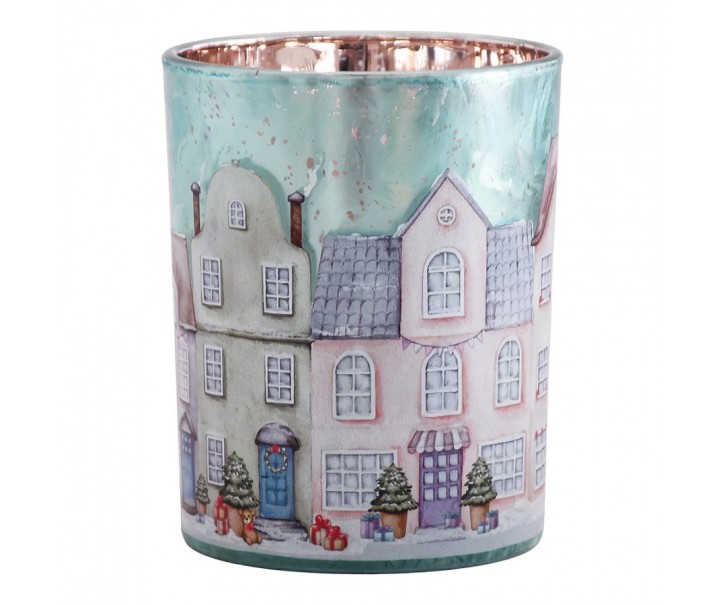 Modrý skleněný svícen vesnička domky Village M - Ø 10*13 cm Clayre & Eef