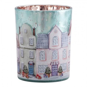 Modrý skleněný svícen vesnička domky Village M - Ø 10*13 cm