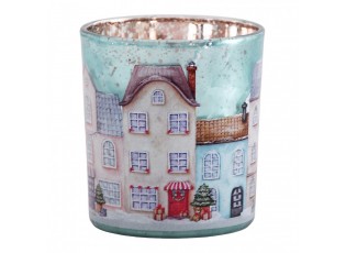 Modrý skleněný svícen vesnička domky Village S - Ø 7*8 cm