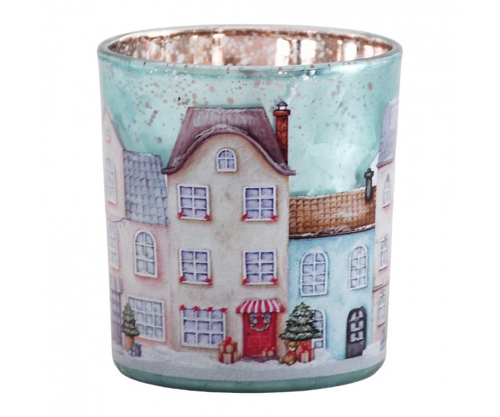 Modrý skleněný svícen vesnička domky Village S - Ø 7*8 cm Clayre & Eef