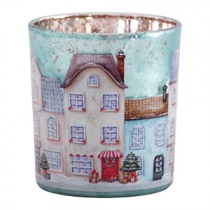 Modrý skleněný svícen vesnička domky Village S - Ø 7*8 cm
