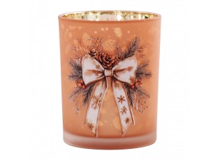 Elegantní vánoční skleněný svícen s mašlí S – Lososový - Ø 7*8 cm
