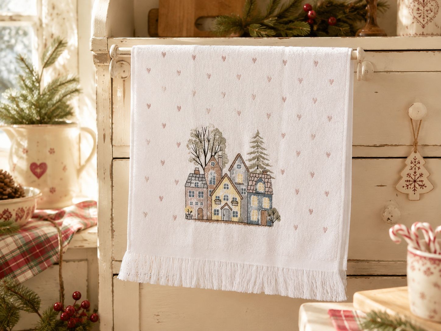 Kuchyňský froté ručník s motivem domků Hearts & Houses - 40*66 cm Clayre & Eef Kuchyňský froté ručník s motivem domků Hearts & Houses - 40*66 cm Clayre & Eef