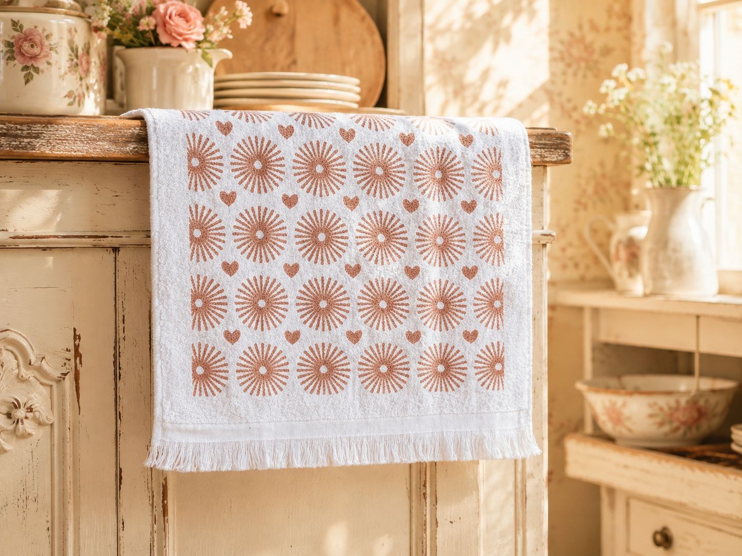 Kuchyňský froté ručník s motivem srdíček a sluníčka - 40*66 cm Clayre & Eef Kuchyňský froté ručník s motivem srdíček a sluníčka - 40*66 cm Clayre & Eef