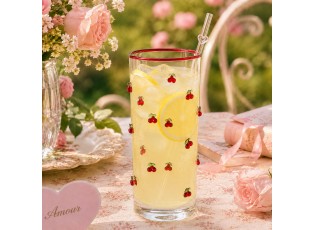 Sklenice na vodu s romantickým motivem třešní - Ø 6*15 cm / 350 ml