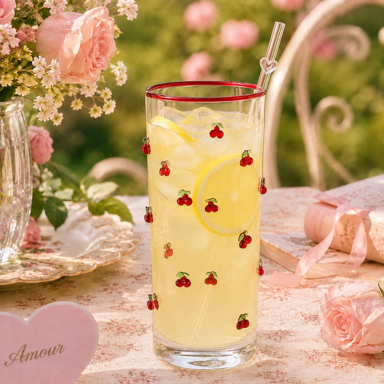 Sklenice na vodu s romantickým motivem třešní - Ø 6*15 cm / 350 ml Clayre & Eef Sklenice na vodu s romantickým motivem třešní - Ø 6*15 cm / 350 ml Clayre & Eef