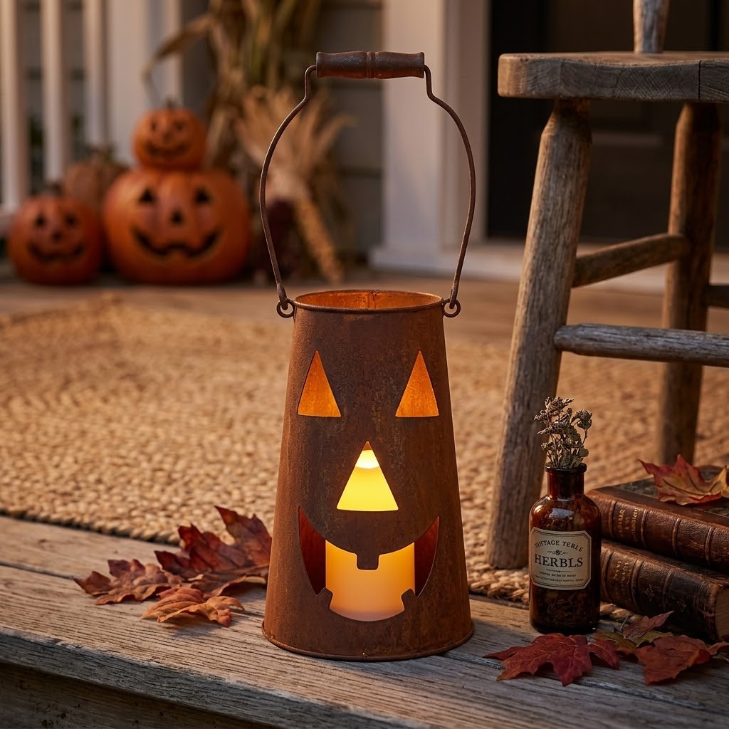 Podzimní dekorace Halloween – rustikální rezavá lucerna dýně