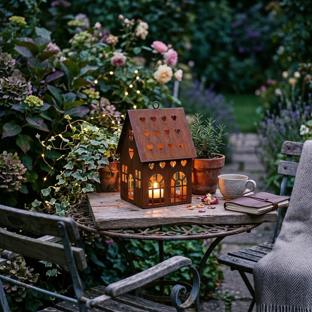 Podzimní dekorace Rustic Charm – rezavý svícen ve tvaru domku