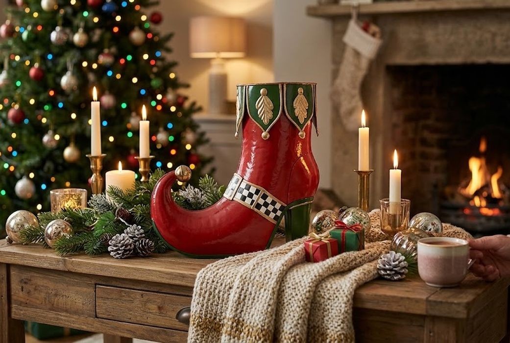 Červená kovová vánoční dekorace bota skřítka Elfa - 41*16*39 cm Clayre & Eef Červená kovová vánoční dekorace bota skřítka Elfa - 41*16*39 cm Clayre & Eef