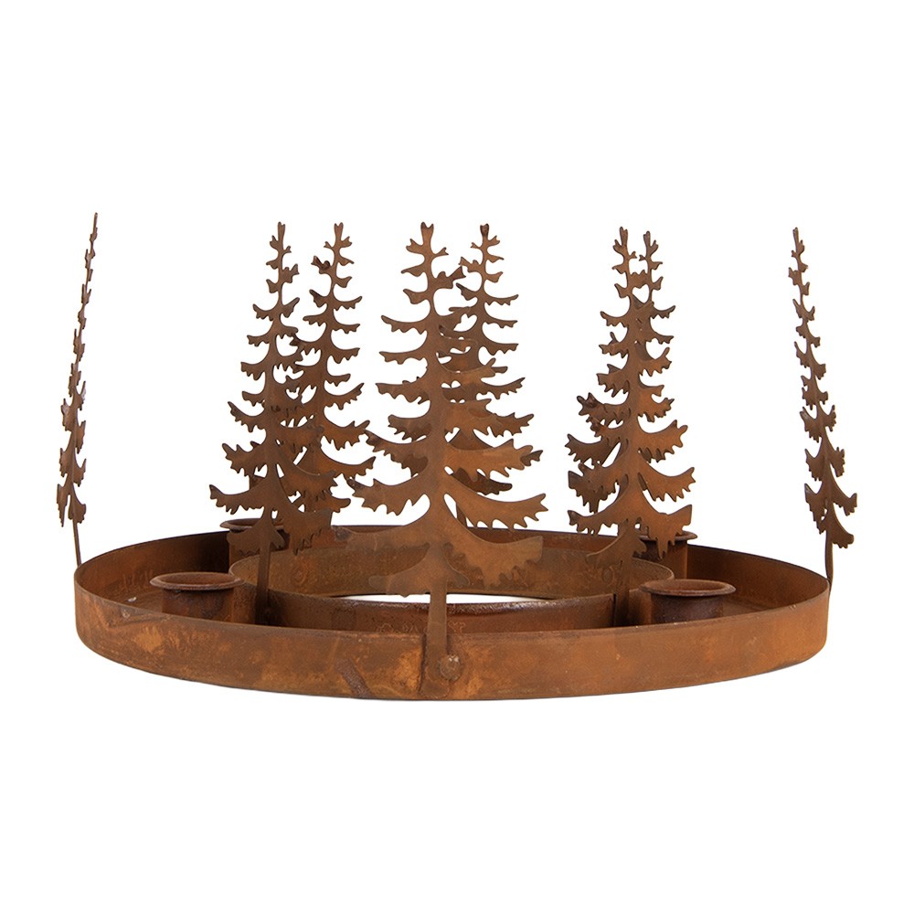 Kovový rustikální rezavý svícen na 4 svíčky se stromky Candle Rust - Ø 30*15 cm