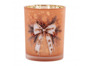 Elegantní vánoční skleněný svícen s mašlí M – Lososový - Ø 10*13 cm